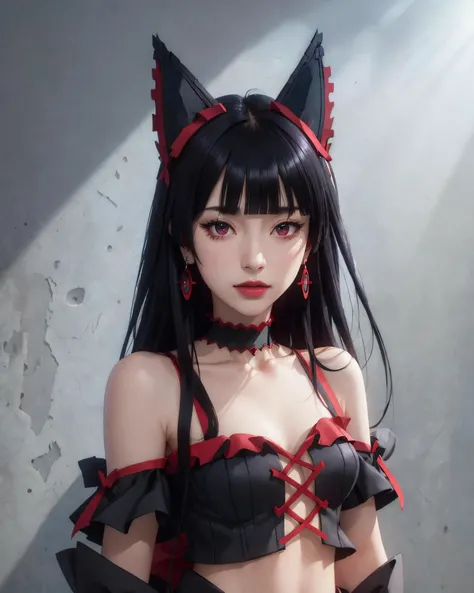(masterpiece, best quality, 1girl, solo, intricate details, chromatic aberration), (realistic),(skin),((rory mercury)), ((breath)),(black hair,blunt bangs),detailed hair, red head ornament, blue highlights, hair over one eye,red eyes, small earrings, sharp eyes, choker,((black crop top )),(skirt),open waist,(symmetry eyes),(perfect symmetrical body), night,(((natural light))),backlighting,against grey wall, dim lighting ,look at viewer,((centered shot, from front,(face and waist))) , <lora:chara_GATEJietai_RoryMercury_v1:0.7>