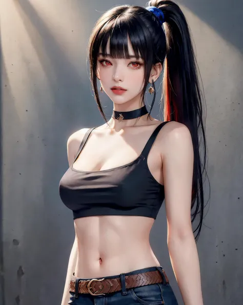 (masterpiece, best quality, 1girl, solo, intricate details, chromatic aberration), (realistic),(skin),1girl shizuku high ponytail, ((medium breath)),(black hair,blunt bangs),detailed hair, red head ornament, blue highlights, hair over one eye,red eyes, small earrings, sharp eyes, choker,((black crop top cleavage cutout )),jeans,(symmetry eyes),(perfect symmetrical body), night,(((natural light))),backlighting,against grey wall, dim lighting ,standing,(look at viewer),((centered shot, from front,(face and waist))), <lora:shizuku_yaegashi:0.9>