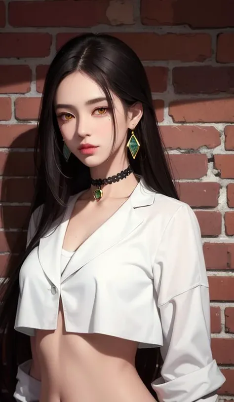 (masterpiece, best quality, 1girl, solo, intricate details, chromatic aberration), realistic, ((medium breath)),long hair, black hair, white head ornament, perple highlights, hair over one eye,yellow eyes, earrings, sharp eyes, choker, neon shirt, open jacket, crop top, (symmetry eyes),(perfect symmetrical body),against wall, brick wall, graffiti, dim lighting, alley ,look at viewer