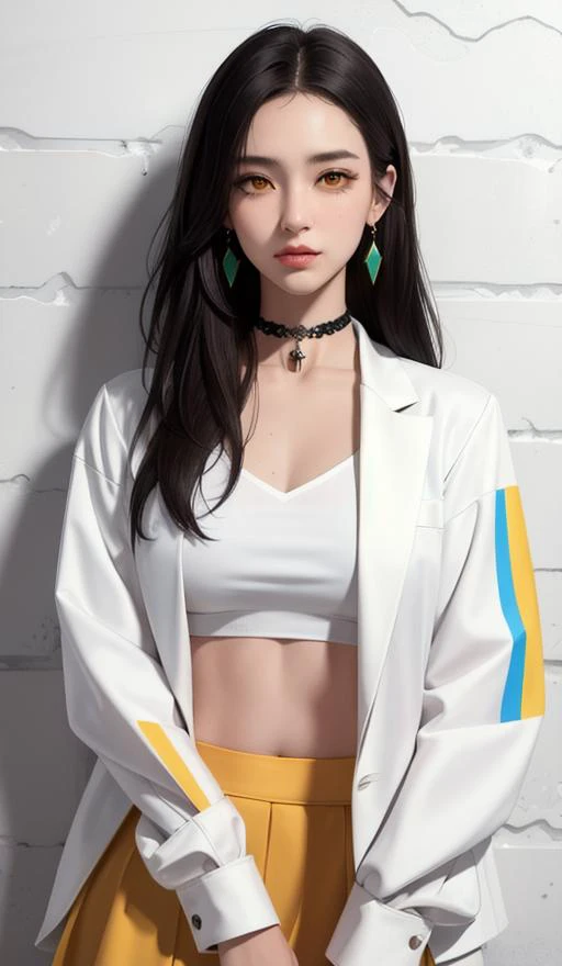 (masterpiece, best quality, 1girl, solo, intricate details, chromatic aberration), realistic, ((medium breath)),long hair, black hair, white head ornament, perple highlights, hair over one eye,yellow eyes, earrings, sharp eyes, choker, neon shirt, open jacket, crop top, (symmetry eyes),(perfect symmetrical body),against wall, brick wall, graffiti, dim lighting, alley ,look at viewer