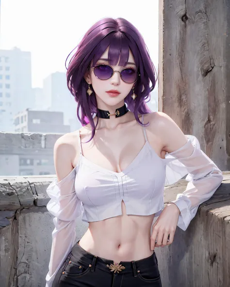 (masterpiece, best quality, 1girl, solo, intricate details, chromatic aberration), (realistic),(skin),star-kafka,(pureerosface_v1:0.3), ((medium breath)),(purple hair,blunt bangs),detailed hair, red head ornament, blue highlights,((eyewear on hair)),sunglasses,hair between eyes,pink eyes, sharp eyes, choker,(((black crop top:1.4))),jeans,(symmetry eyes),(perfect symmetrical body), night,(((natural light))),backlighting,against grey wall, dim lighting ,(look at viewer),((centered shot, from front,(face and waist))), beautiful shapely,shiny skin,vogue,portraits,(( caustic, seductive, charming)), <lora:StarRail_Kafka_AP_v4:0.6>