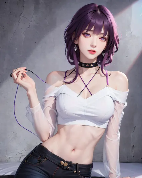 (masterpiece, best quality, 1girl, solo, intricate details, chromatic aberration), (realistic),(skin),star-kafka,(pureerosface_v1:0.3), ((medium breath)),(purple hair,blunt bangs),detailed hair, red head ornament, blue highlights,((eyewear on hair)),sunglasses,hair between eyes,pink eyes, sharp eyes, choker,(((black crop top))),jeans,(symmetry eyes),(perfect symmetrical body), night,(((natural light))),backlighting,against grey wall, dim lighting ,(look at viewer),((centered shot, from front,(face and waist))), beautiful shapely,shiny skin,vogue,portraits,(( caustic, seductive, charming)), <lora:StarRail_Kafka_AP_v4:0.6>