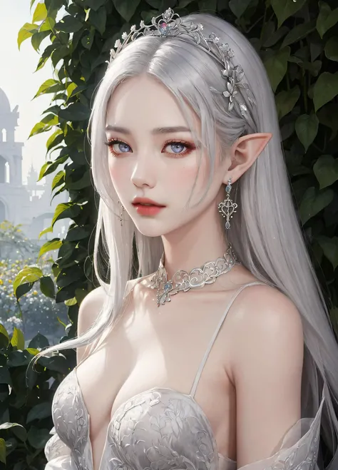 <(masterpiece, realistic), (extremely intricate:1.2)>, (girl:1.5) , earing, silver eyes, jewelry ,small breasts, tiara,(grey dress),(cleavage), (white long hair:1.4), silver hair ornament , elf,(( caustic, seductive, charming)),(dim lighting) ,against garden, palace