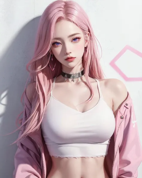 (masterpiece, best quality, 1girl, solo, intricate details, chromatic aberration),realistic,((medium breath)),long hair,pink hair,red head ornament,pink highlights,hair over one eye,purple eyes,earrings,sharp eyes,choker,neon shirt,open jacket,crop top,(symmetry eyes),(perfect symmetrical body),against wall,brick wall,graffiti,dim lighting,alley,look at viewer, <lora:chinaDollLikeness_v10:0.3>