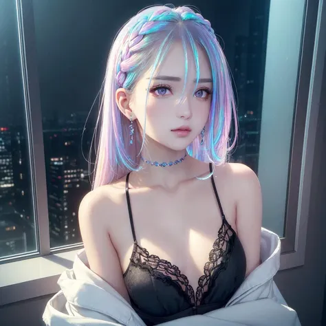 (masterpiece, best quality, 1girl, solo, intricate details, chromatic aberration), realistic, ((small breath)),(iridescent hair:1.4), (detailed background), (pureerosface_v1:0.4),earrings,(pink eyes),(beautiful detailed face, beautiful detailed eyes), braided hair one side, white hair,hair ornament, hair over one eye, (best illumination, an extremely delicate and beautiful),(girl:1.5), (( caustic, seductive,sexy, charming)),((sitting looking far through windows night city outside)), neon shirt, jean pants, open jacket, ((black underwear)),choker,elegant, beautiful detailed glow,(dim lighting) ,<lora:koreanDollLikeness_v15:0.2>