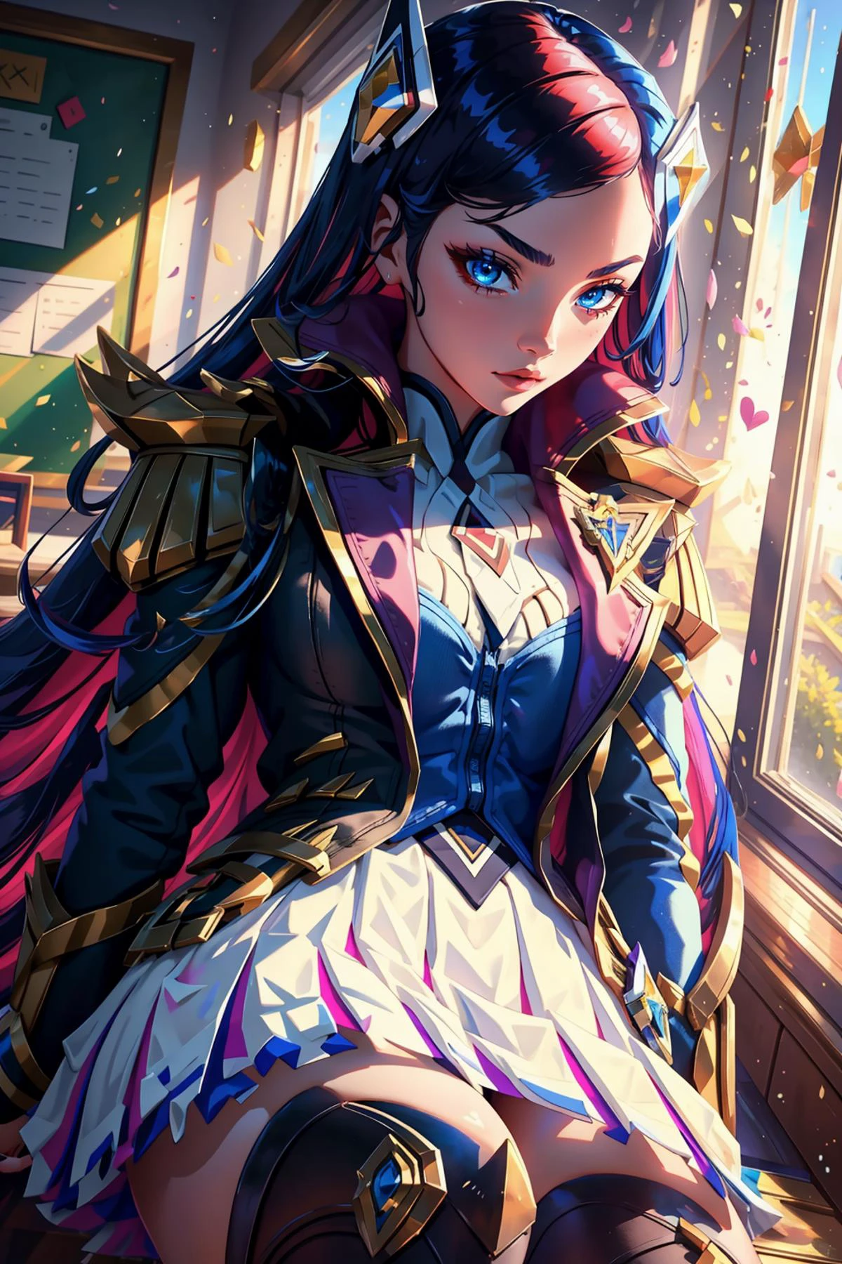 (masterpiece, best quality:1.2), intricate details, <lyco:GoodHands-beta2:1>, <lora:lol_battle_academia_caitlyn-000015:1>, battle academia caitlyn, 1girl, multicolored hair, hair ornament, school uniform, skirt, thighhighs, jacket, blue eyes