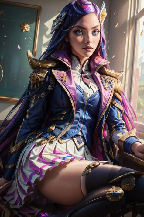 (masterpiece, best quality:1.2), intricate details, <lyco:GoodHands-beta2:1>, <lora:lol_battle_academia_caitlyn-000015:1>, battle academia caitlyn, 1girl, multicolored hair, hair ornament, school uniform, skirt, thighhighs, jacket, blue eyes