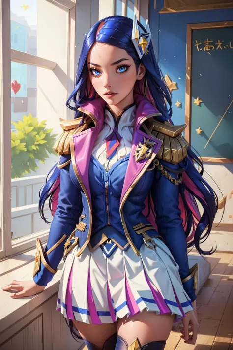 (masterpiece, best quality:1.2), intricate details, <lyco:GoodHands-beta2:1>, <lora:lol_battle_academia_caitlyn-000015:1>, battle academia caitlyn, 1girl, multicolored hair, hair ornament, school uniform, skirt, thighhighs, jacket, blue eyes