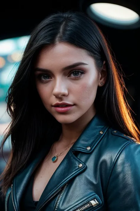 photo of (rydrmccr4nn-134:0.99), a beautiful woman, perfect hair, (seductive look), (modern photo, Peacock Blue Faux leather moto jacket with quilted panels and a cropped silhouette), 24mm, (analog, cinematic, film grain:1.3), (A futuristic, spaceship interior with metallic surfaces:1.2), detailed eyes, (seductive pose), (epicPhoto), (looking at viewer), jewelry, (cinematic shot:1.3), PA7_Portrait-MCU