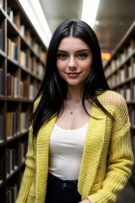 photo of (rydrmccr4nn-134:0.99), a beautiful woman, perfect hair, (smiling look), (modern photo, Fluorescent Yellow Chunky knit wrap coat), 24mm, (analog, cinematic, film grain:1.3), (A classic, vintage Parisian bookstore with stacks of old books:1.2), detailed eyes, (seductive pose), (epicPhoto), (looking at viewer), jewelry, (cinematic shot:1.3), PA7_Portrait-MCU