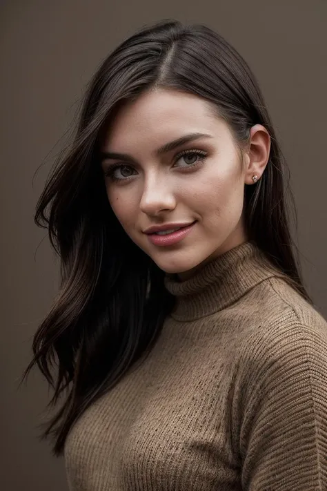 photo of (rydrmccr4nn-134:0.99), a beautiful woman, perfect hair, (smiling look), (modern photo, Burlap Brown tight turtleneck sweater), waist, 24mm, (analog, cinematic, film grain:1.3), ((plain Coyote Brown background:1.2)), detailed eyes, (epicPhoto), (seductive pose), (looking at viewer), jewelry, (cinematic shot:1.3), PA7_Portrait-MCU