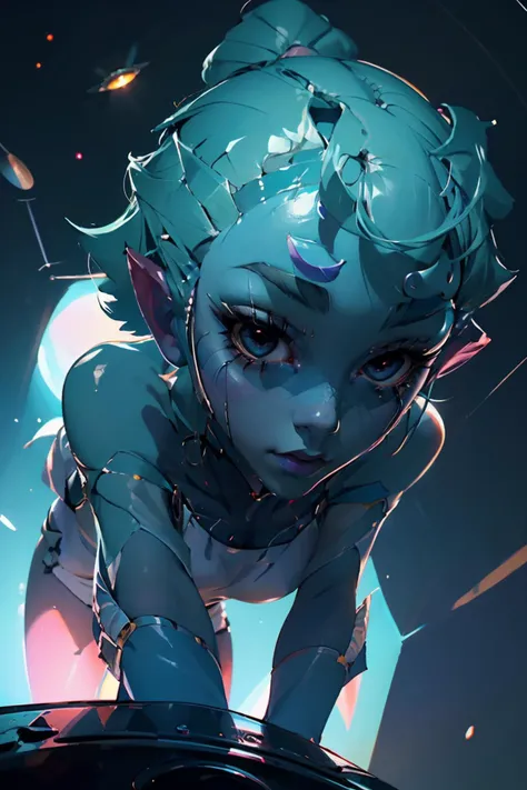 highres, masterpiece, perfect lighting, bloom, cinematic lighting, adult, female, looking at viewer, portrait, (close up), pov, from below, fisheye lens <lora:space_girl-10:0.9> (space_girl, colored skin),looking down, bending over,
