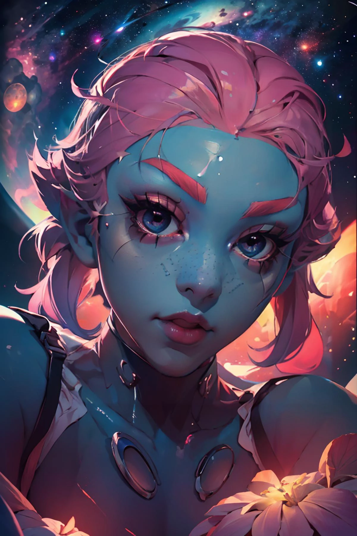 highres, masterpiece, perfect lighting, bloom, cinematic lighting, adult, female, looking at viewer, portrait, (close up), pov, from below, fisheye lens <lora:space_girl-10:0.9> (space_girl, colored skin),looking down, bending over,