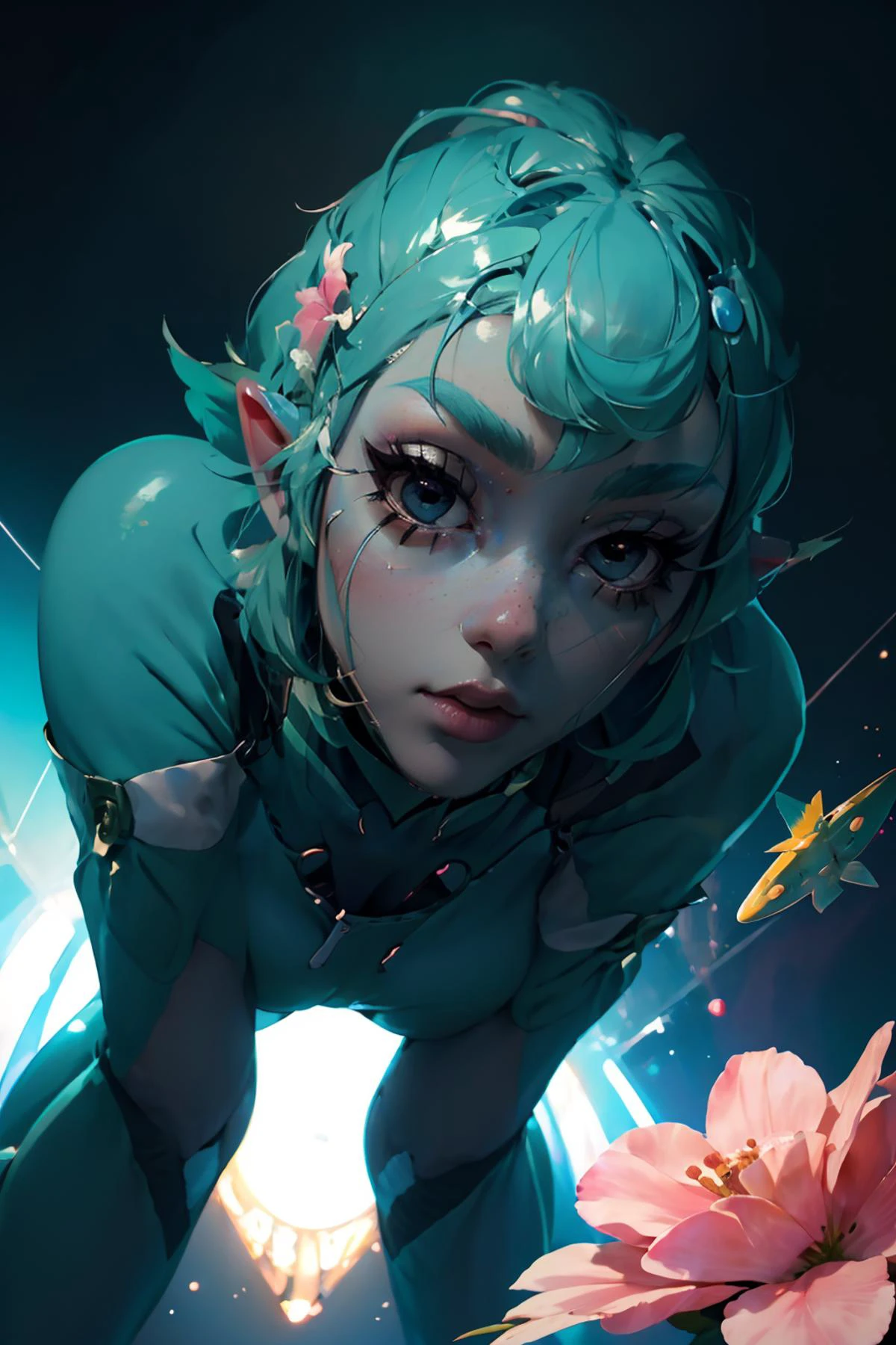 highres, masterpiece, perfect lighting, bloom, cinematic lighting, adult, female, looking at viewer, portrait, (close up), pov, from below, fisheye lens <lora:space_girl-10:0.9> (space_girl, colored skin),looking down, bending over,