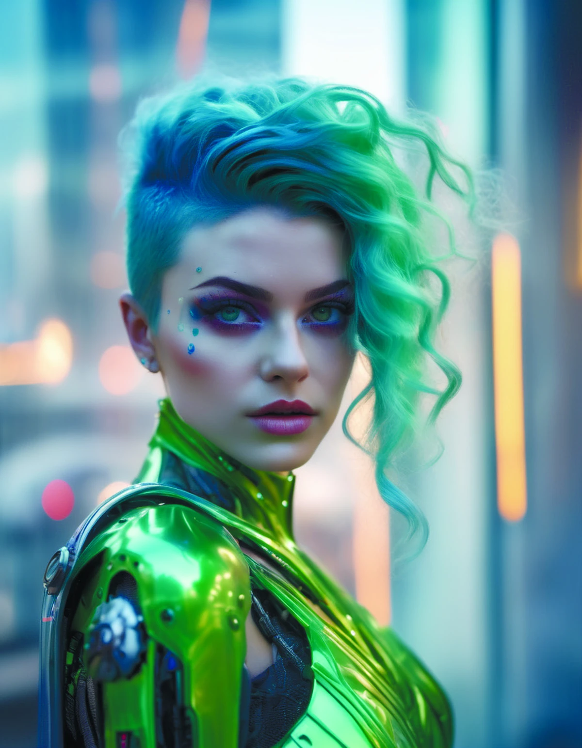 close portrait photograph of a translucent green glowing mechanical female, blue hair, front camera action pose, looking at viewer, detailed cyberpunk urban city on background, masterpiece, professional fashion <lora:space_girl:1>, cinematic, 35mm film, 35mm photography, film, photo realism, DSLR, 8k uhd, hdr, ultra-detailed, high quality, high contrast,