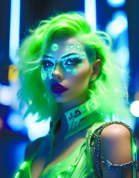 close portrait photograph of a translucent green glowing mechanical female, blue hair, front camera action pose, looking at viewer, detailed cyberpunk urban city on background, masterpiece, professional fashion <lora:space_girl:1>, cinematic, 35mm film, 35mm photography, film, photo realism, DSLR, 8k uhd, hdr, ultra-detailed, high quality, high contrast,