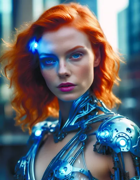 close portrait photograph of a translucent blue glowing mechanical female, ginger hair, action pose, looking at viewer, detailed cyberpunk urban city on background, masterpiece, professional fashion <lora:space_girl:1>, cinematic, 35mm film, 35mm photography, film, photo realism, DSLR, 8k uhd, hdr, ultra-detailed, high quality, high contrast,