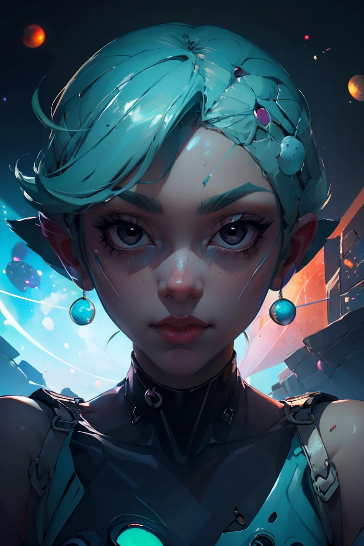 highres, masterpiece, perfect lighting, bloom, cinematic lighting, adult, female, looking at viewer, portrait, (close up), pov, from below, fisheye lens <lora:space_girl-10:0.9> (space_girl, colored skin),looking down, bending over,