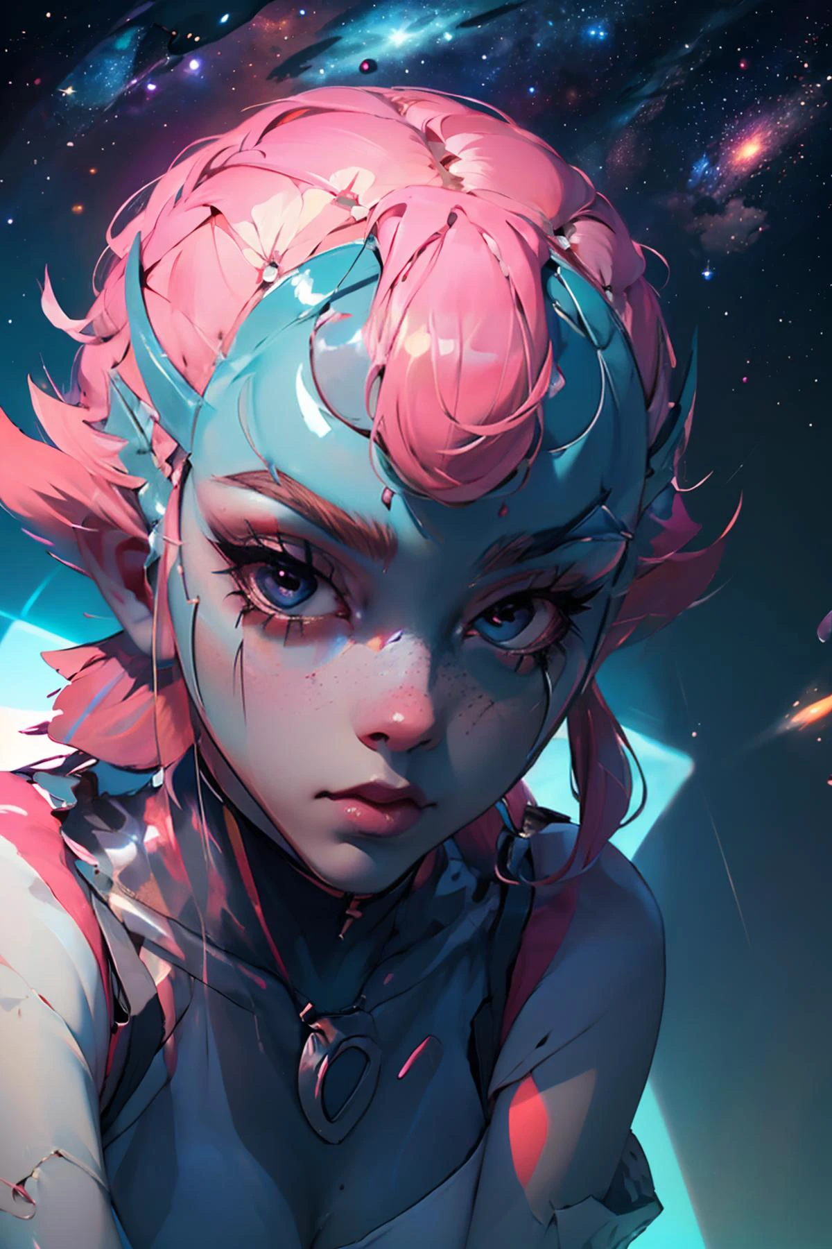 highres, masterpiece, perfect lighting, bloom, cinematic lighting, adult, female, looking at viewer, portrait, (close up), pov, from below, fisheye lens <lora:space_girl-10:0.9> (space_girl, colored skin),looking down, bending over,