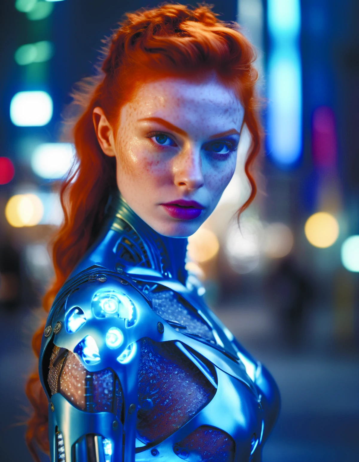close portrait photograph of a translucent blue glowing mechanical female, ginger hair, action pose, looking at viewer, detailed cyberpunk urban city on background, masterpiece, professional fashion <lora:space_girl:1>, cinematic, 35mm film, 35mm photography, film, photo realism, DSLR, 8k uhd, hdr, ultra-detailed, high quality, high contrast,