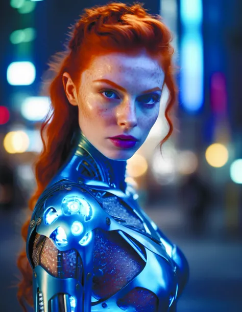 close portrait photograph of a translucent blue glowing mechanical female, ginger hair, action pose, looking at viewer, detailed cyberpunk urban city on background, masterpiece, professional fashion <lora:space_girl:1>, cinematic, 35mm film, 35mm photography, film, photo realism, DSLR, 8k uhd, hdr, ultra-detailed, high quality, high contrast,