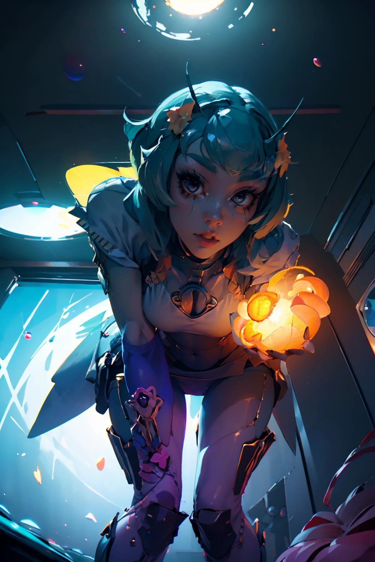 highres, masterpiece, perfect lighting, bloom, cinematic lighting, adult, female, looking at viewer, close up, pov, from below, fisheye lens <lora:space_girl-10:0.9> (space_girl, colored skin),looking down, bending over,