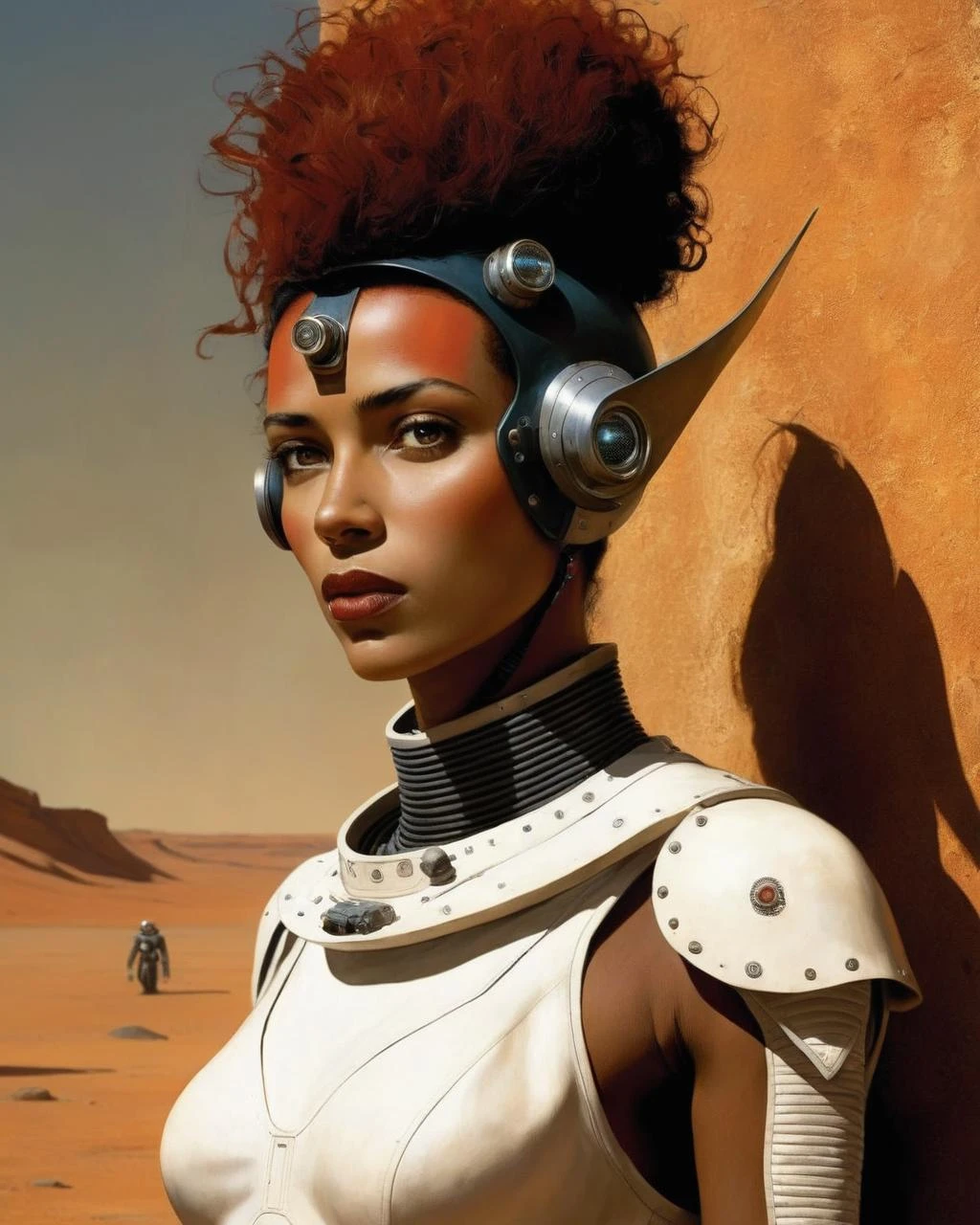 a woman with a tenn-(tawny) skin, Enki Bilal, sci-fi art, space girl<lora:space_girl:1.0>