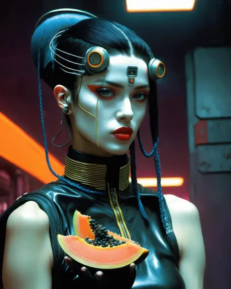 a woman with a papaya-whip skin, Enki Bilal, cyberpunk art, space girl<lora:space_girl:1.0>