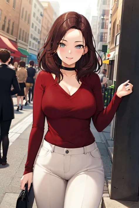 masterpiece, (best quality), 1woman,1girl ,scarlett,    long hair, brown hair,   grey eyes , sweater, white shirt, pants, on date,    large breasts,,sexy woman, jewelry, choker,      smile, vibrant colors ,,natural lighting  ,RTX,  , beautiful, (detailed face:1.2), showcase, (perfect eyes:1.1) ,(photorealistic:1.1), 8k uhd,  looking at viewer,  outdoors,  simple backround