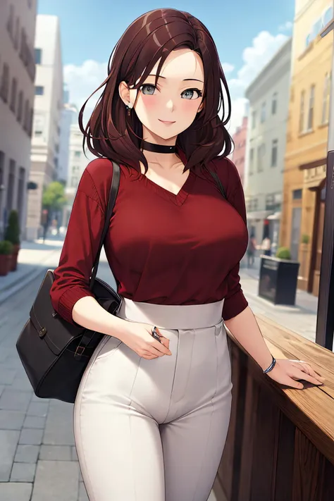 masterpiece, (best quality), 1woman,1girl ,scarlett, long hair, brown hair, grey eyes , sweater, white shirt, pants, on date, large breasts,,sexy woman, jewelry, choker, smile, vibrant colors ,,natural lighting ,RTX, , beautiful, (detailed face:1.2), showcase, (perfect eyes:1.1) ,(photorealistic:1.1), 8k uhd, looking at viewer, outdoors, simple backround