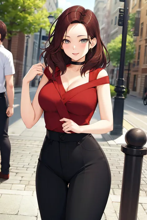 masterpiece, (best quality), 1woman,1girl ,scarlett, long hair, brown hair, grey eyes , sweater, white shirt, pants, on date, large breasts,,sexy woman, jewelry, choker, smile, vibrant colors ,,natural lighting ,RTX, , beautiful, (detailed face:1.2), showcase, (perfect eyes:1.1) ,(photorealistic:1.1), 8k uhd, looking at viewer, outdoors, simple backround
