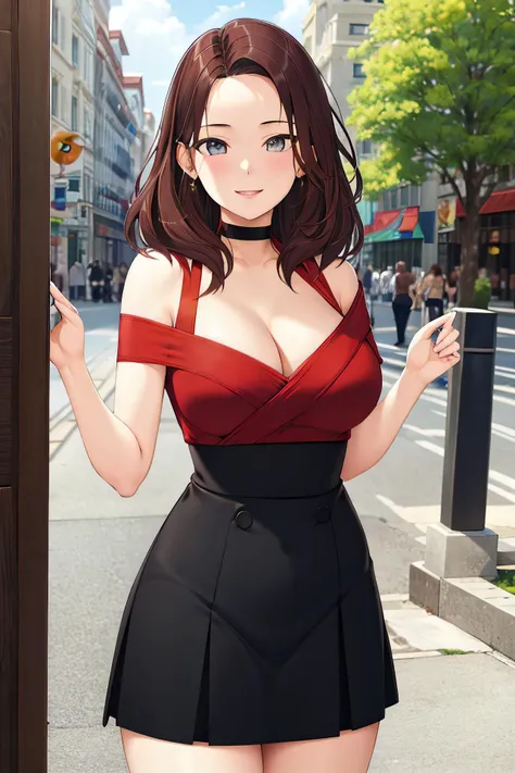masterpiece, (best quality), 1woman,1girl ,scarlett, long hair, brown hair, grey eyes , black skirt, red shirt, high-waist skirt, off shoulder, collarbone, cleavage, large breasts,,sexy woman, jewelry, choker, bare shoulders , smile, vibrant colors ,,natural lighting ,RTX, , beautiful, (detailed face:1.2), showcase, (perfect eyes:1.1) ,(photorealistic:1.1), 8k uhd, looking at viewer, outdoors, simple backround