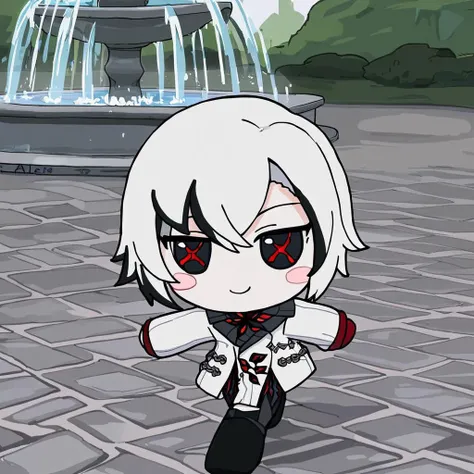 1girl, red pupils, arlecchino, solo, smile, long sleeves, ice, blush stickers, closed mouth, masterpiece, best quality, <lora:xl_fumo_(doll)(a3.1) :1>, chibi, x-shaped pupils, black eyes, walking, fountain, white coat