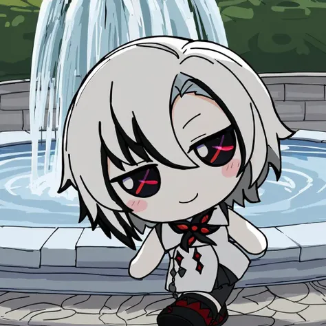 1girl, red pupils, arlecchino, solo, smile, sleeveless, ice, blush stickers, closed mouth, masterpiece, best quality, <lora:xl_fumo_(doll)(a3.1) :1>, chibi, x-shaped pupils, black eyes, walking, fountain, white coat
