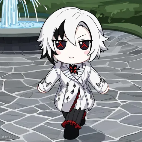 1girl, red pupils, arlecchino, solo, smile, long sleeves, ice, blush stickers, closed mouth, masterpiece, best quality, <lora:xl_fumo_(doll)(a3.1) :1>, chibi, x-shaped pupils, black eyes, walking, fountain, white coat