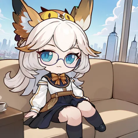 masterpiece,Best quality,newest,<lora:xl_fumo_(doll)(a3.1) :1>,chibi,<lora:kalliope_SL-000022:0.8>,solo,1girl,blue eyes,white hair and long hair and bangs,round eyewear,closed mouth,sitting,in on couch,
animal on head and owl,BREAK long sleeves and bowtie and white shirt and black skirt and high-waist skirt and kneehighs and black footwear
couch,tile_floor (indoor:0.9),(coffee house:0.9),window and day and cloudy sky,cityscape,dynamic_angle,
