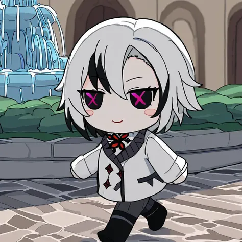 1girl, red pupils, arlecchino, solo, smile, long sleeves, ice, blush stickers, closed mouth, masterpiece, best quality, <lora:xl_fumo_(doll)(a3.1) :1>, chibi, x-shaped pupils, black eyes, walking, fountain, white coat