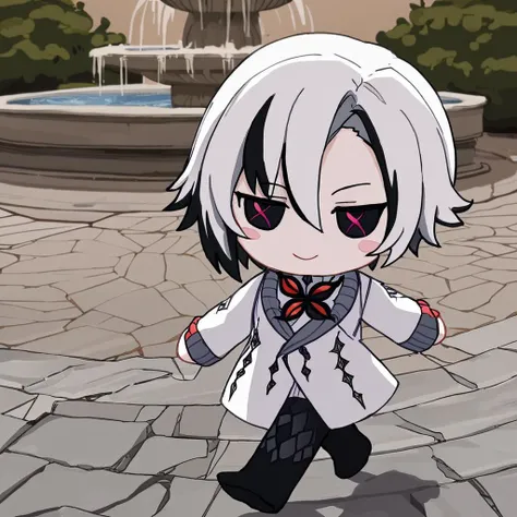 1girl, red pupils, arlecchino, solo, smile, long sleeves, ice, blush stickers, closed mouth, masterpiece, best quality, <lora:xl_fumo_(doll)(a3.1) :1>, chibi, x-shaped pupils, black eyes, walking, fountain, white coat