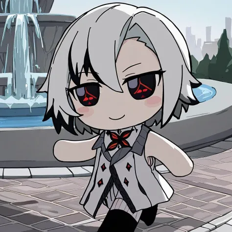 1girl, red pupils, arlecchino, solo, smile, sleeveless, ice, blush stickers, closed mouth, masterpiece, best quality, <lora:xl_fumo_(doll)(a3.1) :1>, chibi, x-shaped pupils, black eyes, walking, fountain, white coat