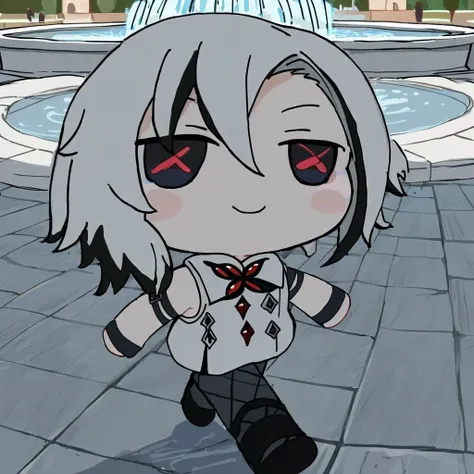 1girl, red pupils, arlecchino, solo, smile, sleeveless, ice, blush stickers, closed mouth, masterpiece, best quality, <lora:xl_fumo_(doll)(a3.1) :1>, chibi, x-shaped pupils, black eyes, walking, fountain, white coat
