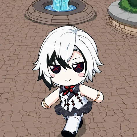 1girl, red pupils, arlecchino, solo, smile, sleeveless, ice, blush stickers, closed mouth, masterpiece, best quality, <lora:xl_fumo_(doll)(a3.1) :1>, chibi, x-shaped pupils, black eyes, walking, fountain, white coat