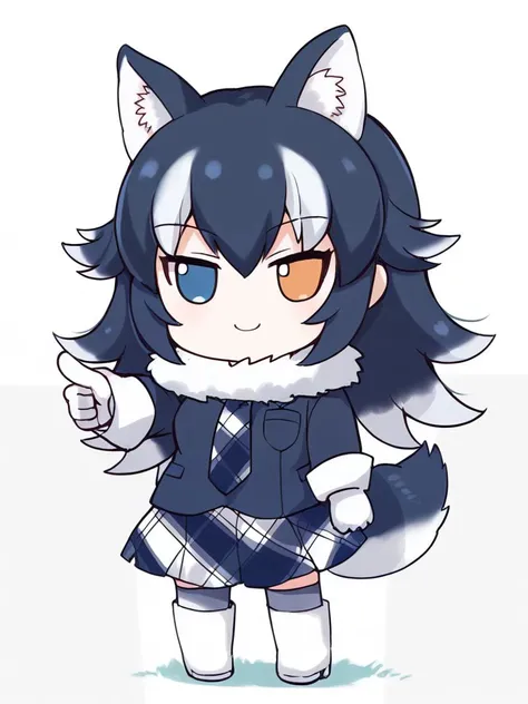 sfw, score_9, score_8_up, score_7_up, score_6_up, score_5_up, score_4_up, source_anime, masterpiece, best quality, smile, pointing, <lora:XL_fumo_(doll)(pony):1>, fumo doll, chibi, plain background, <lora:greyWolfXL_LoRA-C3Lier_AdamW_Dim16_Alpha16_UN-3e-4_TE-1.5e-4_10batch_ponyDiffusionV6XL_v6StartWithThisOne:1>, grey wolf \(kemono friends\), 1girl, two-tone hair, long hair, wolf ears, heterochromia, wolf tail, fur collar, collared shirt, black shirt, breast pocket, plaid necktie, plaid skirt, pleated skirt, white gloves, two-tone thighhighs, fur-trimmed boots