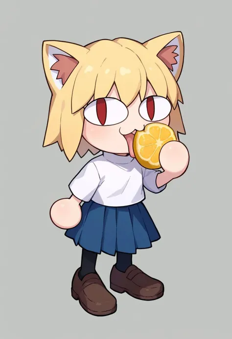 score_9, score_8_up, score_7_up, source_anime, simple background, white background,
BREAK
chibi, solo, 1girl, full body, necoarc, blonde hair, red eyes, slit pupils, cat ears, :3, chibi, turtleneck, white shirt, blue skirt, pleated skirt, pantyhose, brown footwear,
BREAK
holding fruit, sliced lemon, lemon slice, tongue out, licking, licking fruit, eating, disgruntled face
<lora:necoarc-guy-PONYv1_1:1>, <lora:xl_fumo_(doll)(a3.1) :1>