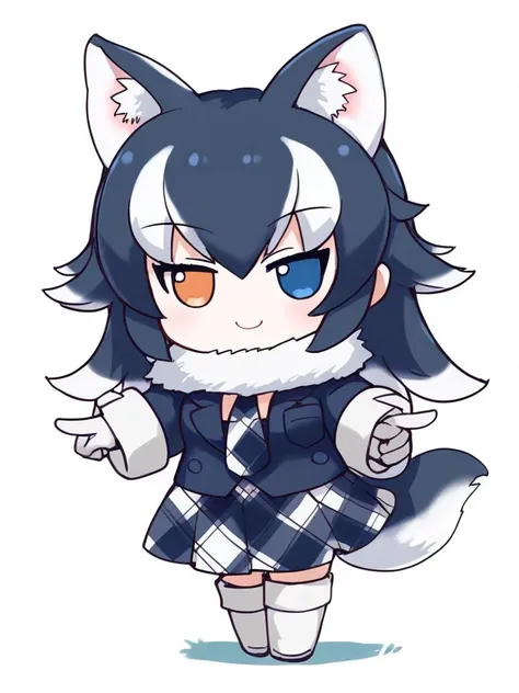 sfw, score_9, score_8_up, score_7_up, score_6_up, score_5_up, score_4_up, source_anime, masterpiece, best quality, smile, pointing, <lora:XL_fumo_(doll)(pony):1>, fumo doll, chibi, plain background, <lora:greyWolfXL_LoRA-C3Lier_AdamW_Dim16_Alpha16_UN-3e-4_TE-1.5e-4_10batch_ponyDiffusionV6XL_v6StartWithThisOne:1>, grey wolf \(kemono friends\), 1girl, two-tone hair, long hair, wolf ears, heterochromia, wolf tail, fur collar, collared shirt, black shirt, breast pocket, plaid necktie, plaid skirt, pleated skirt, white gloves, two-tone thighhighs, fur-trimmed boots