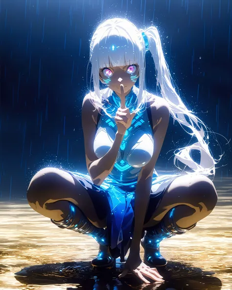 face_focus,looking at viewer,solo,long hair,<lora:MeMaXL_V3:0.6>,1girl,amazing composition,beautiful,incredible lighting,morose facial expression,raw photo,squatting,head up,rain,puddle,double exposure,futuristic,incredibly absurdres,artbook,Cinematic Lighting,complex background,<lora:a31_style_koni:0.6>,<lora:sxz-hades-pdxl:0.3>,<lora:q&6_XL:0.3>,<lora:Blue_Archive-v1c-PDXL:0.5>,<lora:Expressive_H:1>,bishoujo,dancer,fair_skin,slender,side_blunt_bangs,Side ponytail,shushing,big breasts,