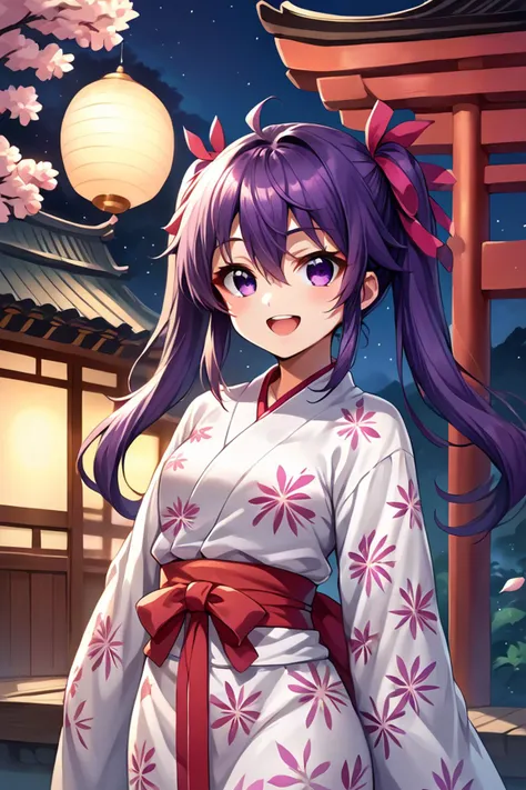 score_9, score_8_up, score_7_up, source_anime BREAK 1girl, solo, <lora:gakkou_kurumi:0.9>, gakkou_kurumi, yukata, hair ribbon, twintails, hair between eyes, purple hair, purple eyes, looking at you, smile, happy, open mouth, Japanese temple, (night:1.3)