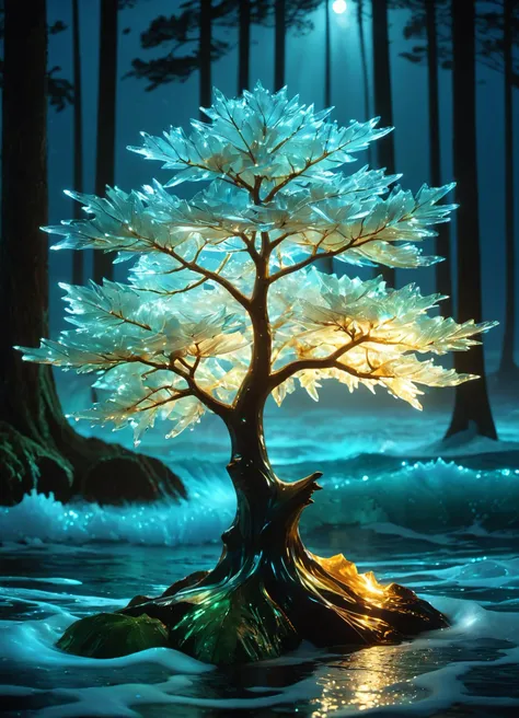 a tree with a ice blue light on it in the ocean, waves crashing, night time with a ice glow on the leaves, Bruce Munro, glowing lights, a hologram, holography <lora:sss:0.8> <lora:envyStarlight_v10:0.8>, subsurface scattering, Photorealistic, Hyperrealistic, analog style, realistic, film photography, soft lighting, heavy shadow