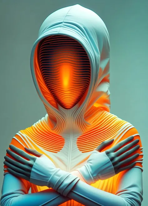 (Ombre color scheme of neon yellow ,neon orange ,neon blue) a person with a hoodie and a body suit on, with their arms crossed and hands folded in front of their chest, Beeple, orange, a surrealist sculpture, plasticien <lora:TheWeirdies:0.8> TheWeirdies <lora:envyStarlight_v10:0.8> <lora:sss:0.8>, subsurface scattering, Photorealistic, Hyperrealistic, analog style, realistic, film photography, soft lighting, heavy shadow