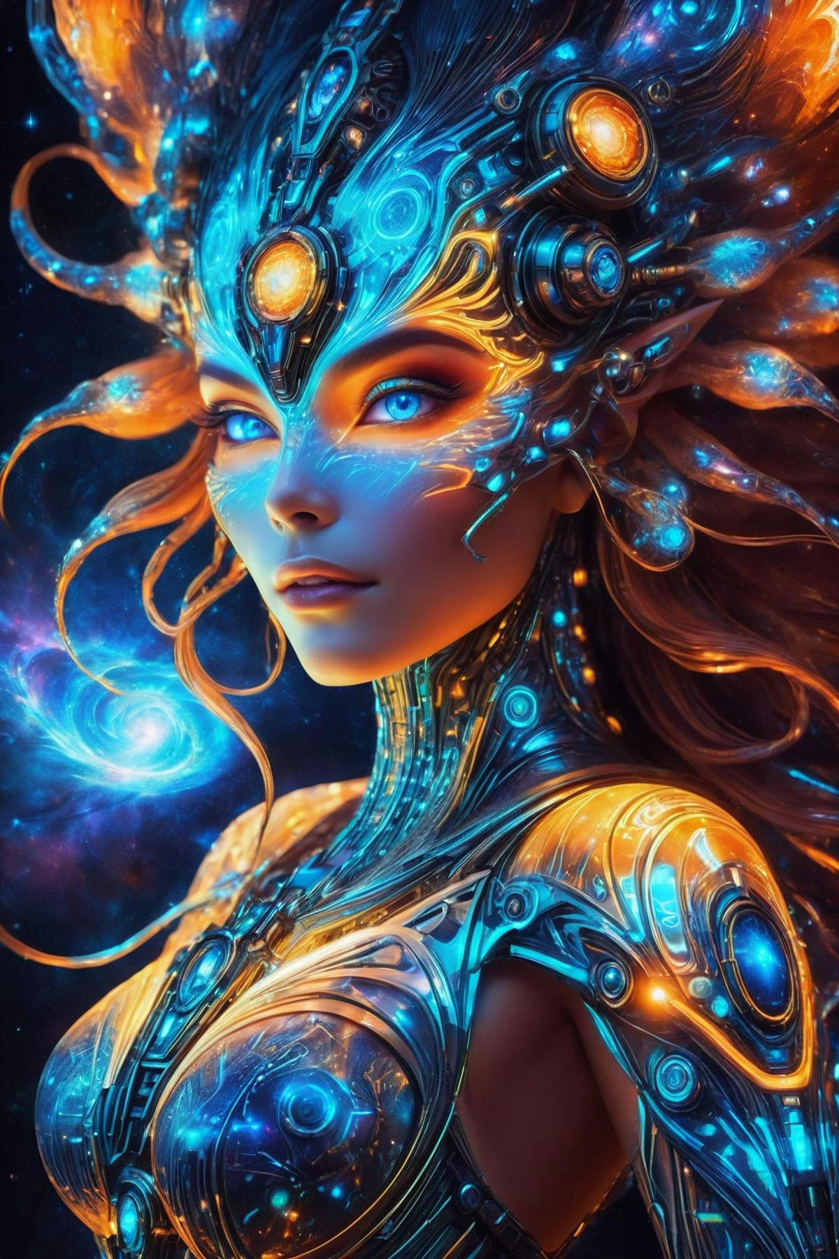 (Cinematic 8k high quality photo, intricate details:1.2), portrait of a stunningly beautiful woman with intricate biomechanical designs, glowing blue and orange circuits, ethereal and radiant face, highly detailed facial features, futuristic sci-fi makeup, luminous patterns on her skin, long flowing hair with bioluminescent highlights, elegant and otherworldly appearance, in a dark background with vibrant cosmic elements, capturing a sense of mystery and elegance, cybernetic enhancements, (glowing eyes:1.3), (intricate headpiece:1.2), (cosmic nebula background:1.4).
<lora:envyStarlight_v10:0.9>, vibrant colors,
<lora:EnvyBetterHiresFixXL01:1.0>,
<lora:gorgoeus_splash_of_vibrant_paint:0.7> Gorgeous splash of vibrant paint,
<lora:SDXLFaeTastic2400:0.8>