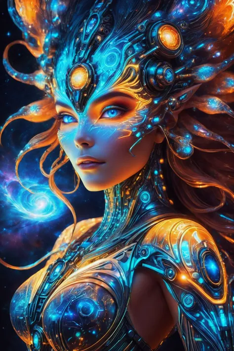 (Cinematic 8k high quality photo, intricate details:1.2), portrait of a stunningly beautiful woman with intricate biomechanical designs, glowing blue and orange circuits, ethereal and radiant face, highly detailed facial features, futuristic sci-fi makeup, luminous patterns on her skin, long flowing hair with bioluminescent highlights, elegant and otherworldly appearance, in a dark background with vibrant cosmic elements, capturing a sense of mystery and elegance, cybernetic enhancements, (glowing eyes:1.3), (intricate headpiece:1.2), (cosmic nebula background:1.4).
<lora:envyStarlight_v10:0.9>, vibrant colors,
<lora:EnvyBetterHiresFixXL01:1.0>,
<lora:gorgoeus_splash_of_vibrant_paint:0.7> Gorgeous splash of vibrant paint,
 <lora:SDXLFaeTastic2400:0.8>